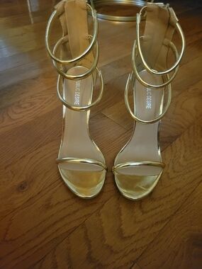Public Desire Gold Metallic Multi-Band Stiletto Sandals